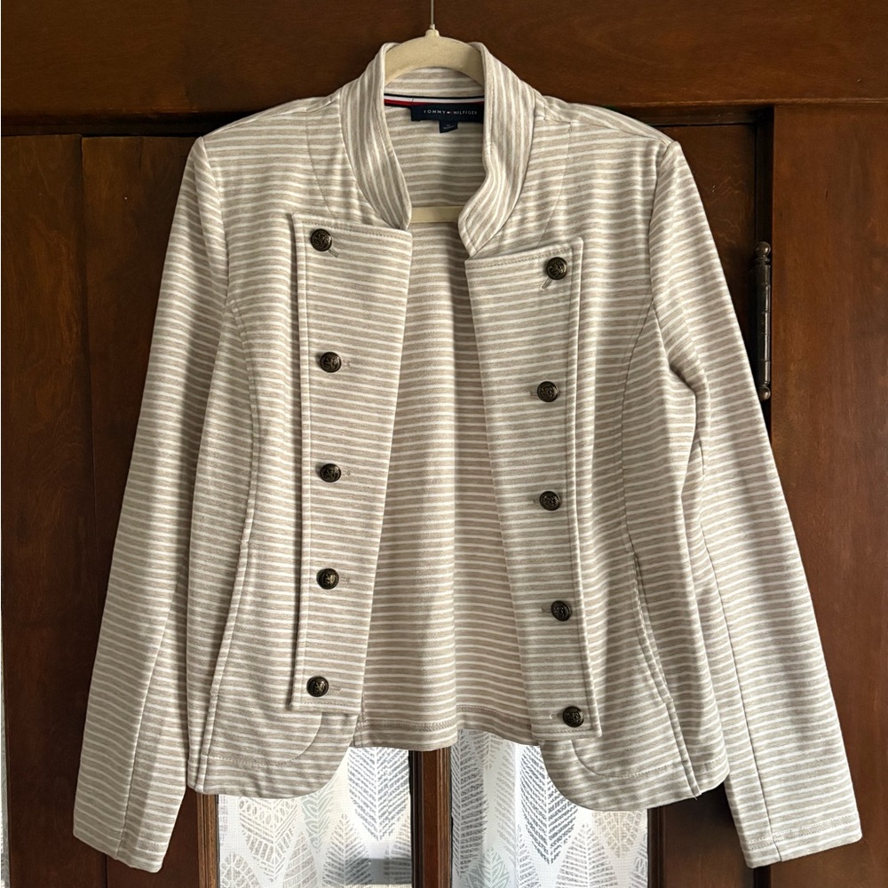 Tommy Hilfiger Light Oatmeal Heather Stripe Double-Breasted Band Military Jacket